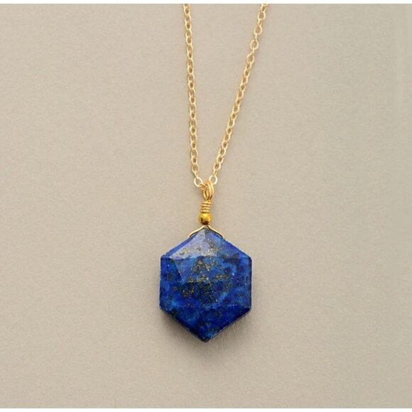 NWT Lapis Lazuli Hexagon Pendant Necklace 14K Gold Plated Genuine 18” - Picture 9 of 11